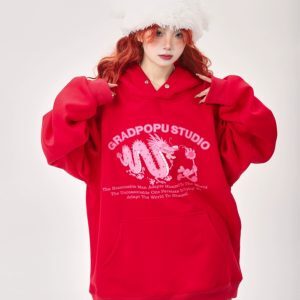Red Oversized Hoodie for Year of the Rabbit - Fleece-Lined, Thickened Couples' Style, Trendy 2025 Fashion