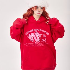 Red Oversized Hoodie for Year of the Rabbit - Fleece-Lined, Thickened Couples' Style, Trendy 2025 Fashion