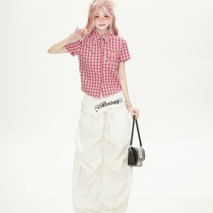 Red Plaid Cropped Short-Sleeve Shirt for Women, Summer American Style, Luxurious Design, Trendy Fashion Top
