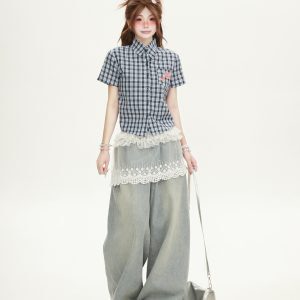 Red Plaid Cropped Short-Sleeve Shirt for Women, Summer American Style, Luxurious Design, Trendy Fashion Top