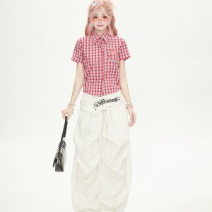 Red Plaid Cropped Short-Sleeve Shirt for Women, Summer American Style, Luxurious Design, Trendy Fashion Top