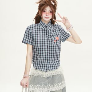 Red Plaid Cropped Short-Sleeve Shirt for Women, Summer American Style, Luxurious Design, Trendy Fashion Top