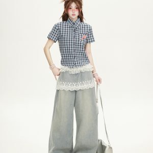 Red Plaid Cropped Short-Sleeve Shirt for Women, Summer American Style, Luxurious Design, Trendy Fashion Top