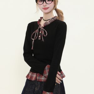 Red Plaid Long Sleeve Women's Top - American College Style Fake Two-Piece, Slim Fit, Waist-Defining, Spring Fashion