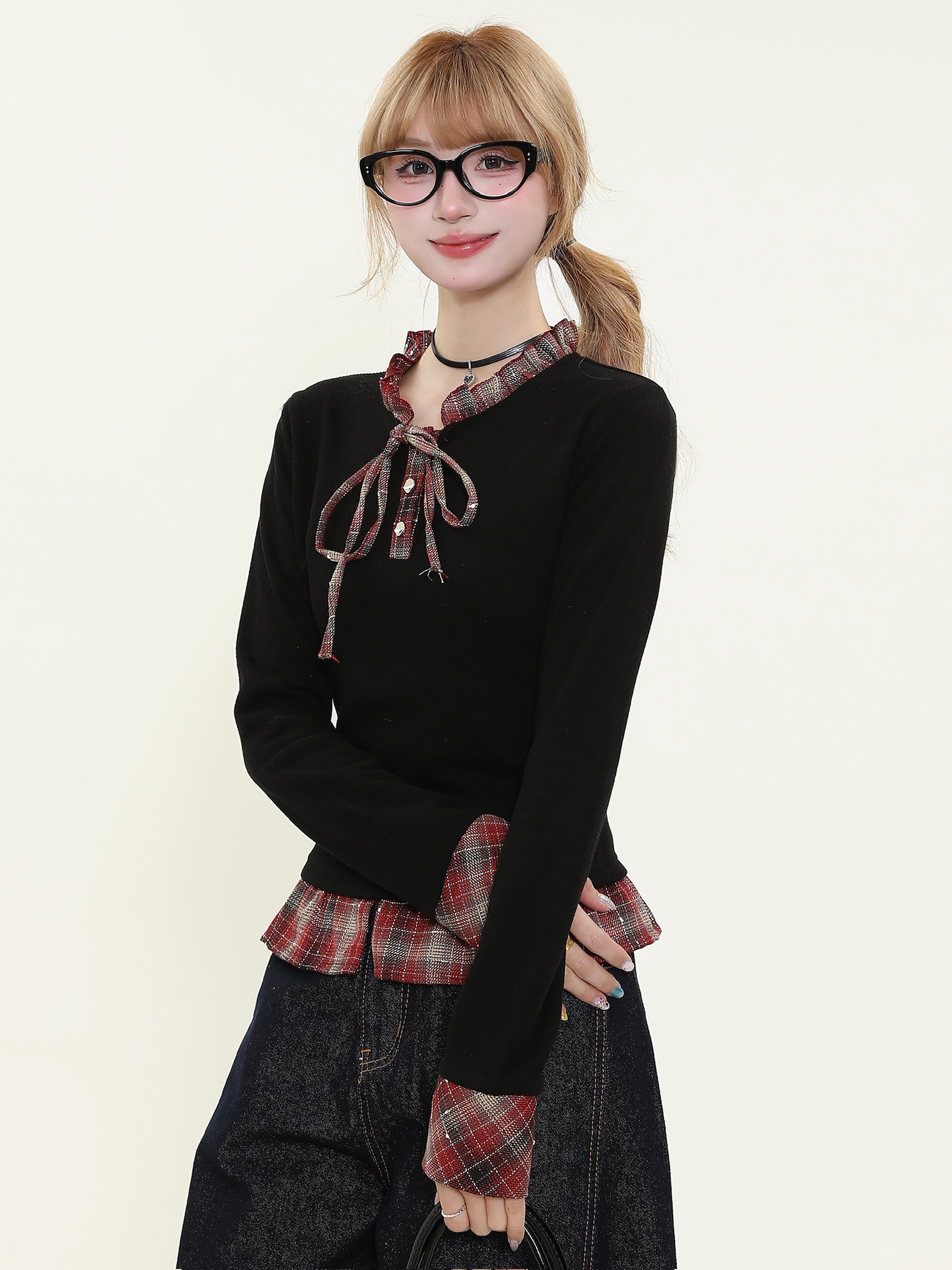 Red Plaid Long Sleeve Women's Top - American College Style Fake Two-Piece, Slim Fit, Waist-Defining, Spring Fashion