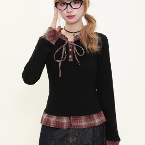 Red Plaid Long Sleeve Women's Top - American College Style Fake Two-Piece, Slim Fit, Waist-Defining, Spring Fashion