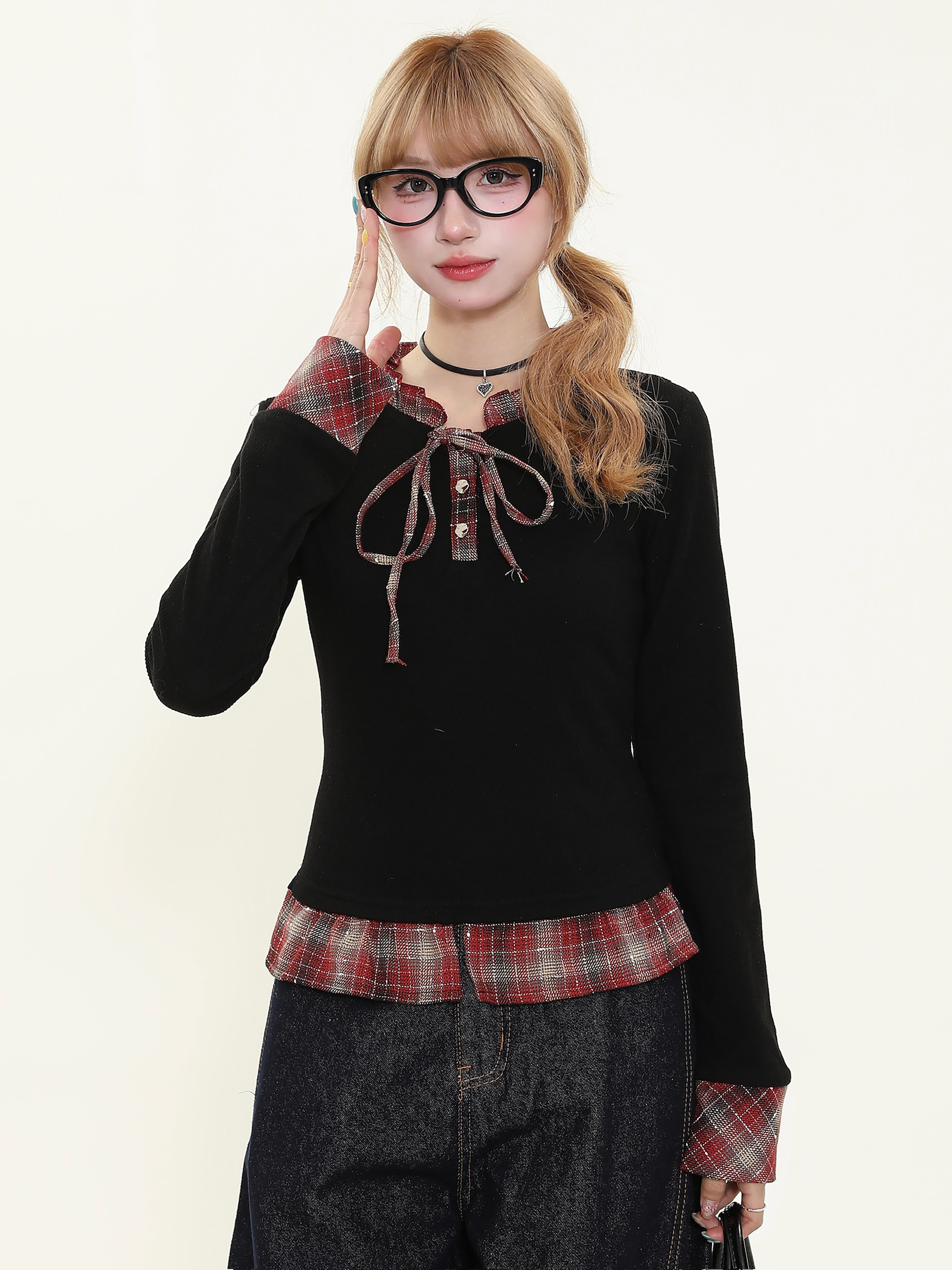 Red Plaid Long Sleeve Women's Top - American College Style Fake Two-Piece, Slim Fit, Waist-Defining, Spring Fashion