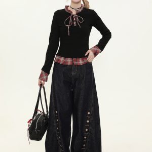 Red Plaid Long Sleeve Women's Top - American College Style Fake Two-Piece, Slim Fit, Waist-Defining, Spring Fashion