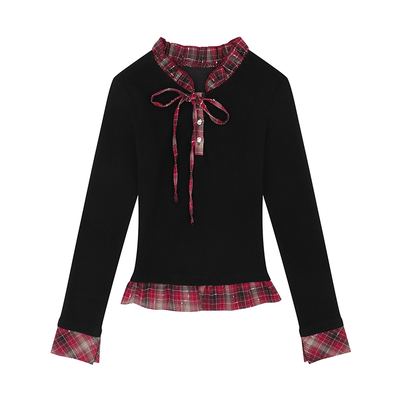 Red Plaid Long Sleeve Women's Top - American College Style Fake Two-Piece, Slim Fit, Waist-Defining, Spring Fashion