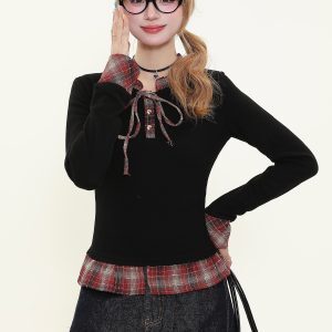 Red Plaid Long Sleeve Women's Top - American College Style Fake Two-Piece, Slim Fit, Waist-Defining, Spring Fashion