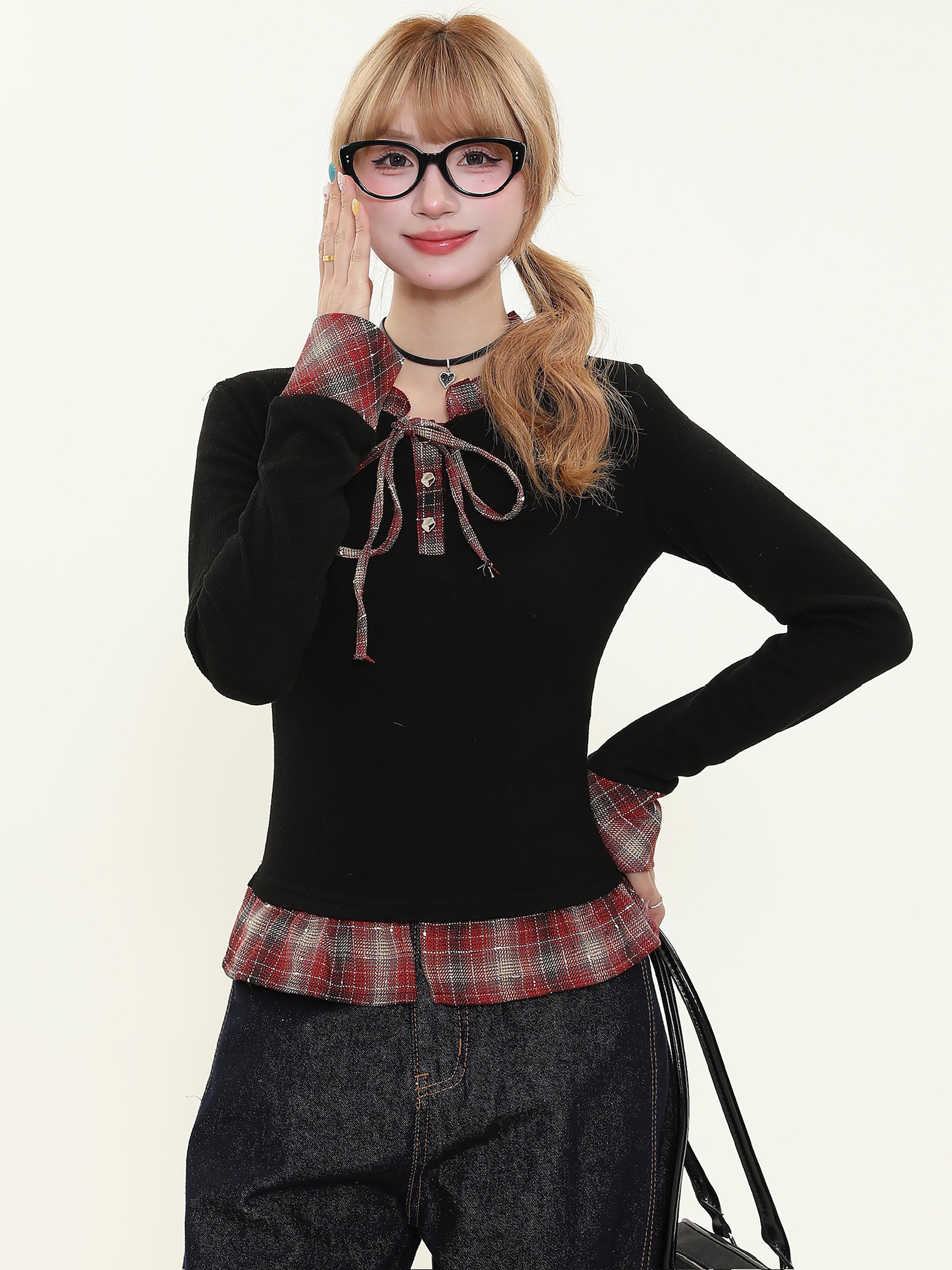 Red Plaid Long Sleeve Women's Top - American College Style Fake Two-Piece, Slim Fit, Waist-Defining, Spring Fashion