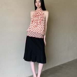 Red Polka Dot Half-High Neck Halter Top with Ruffle Detail - Loose Sleeveless Summer Tank for Women