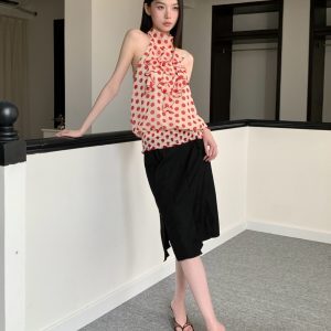 Red Polka Dot Half-High Neck Halter Top with Ruffle Detail - Loose Sleeveless Summer Tank for Women
