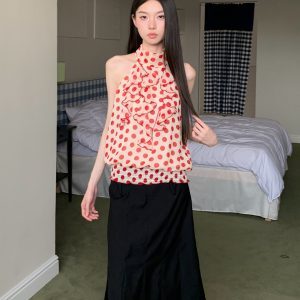 Red Polka Dot Half-High Neck Halter Top with Ruffle Detail - Loose Sleeveless Summer Tank for Women