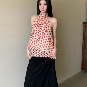 Red Polka Dot Half-High Neck Halter Top with Ruffle Detail - Loose Sleeveless Summer Tank for Women
