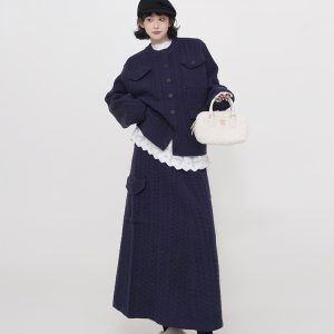 Red Round Neck Long Sleeve Knitted Sweater Set for Women - Winter Korean Style Loose Cozy Top for New Year Casual Wear