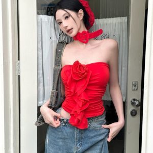 Red Spicy Girl Off-Shoulder Strapless Tank Top with 3D Floral Pleats - Summer Sexy Style for Women, Perfect for 90s and Y2K Fashion.