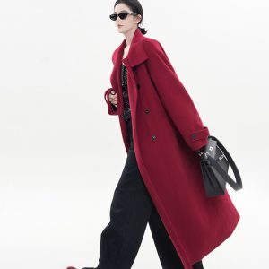 Red Turtleneck Long Sleeve Woolen Coat for Women - Korean Style High-End Loose Over-Knee Winter Outerwear