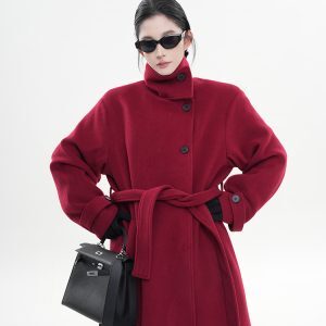 Red Turtleneck Long Sleeve Woolen Coat for Women - Korean Style High-End Loose Over-Knee Winter Outerwear