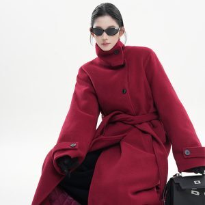 Red Turtleneck Long Sleeve Woolen Coat for Women - Korean Style High-End Loose Over-Knee Winter Outerwear