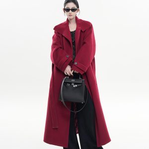 Red Turtleneck Long Sleeve Woolen Coat for Women - Korean Style High-End Loose Over-Knee Winter Outerwear