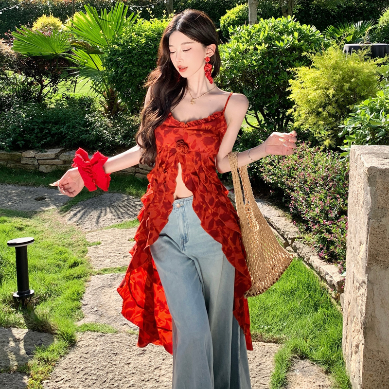 Red V-Neck Camisole with Three-Dimensional Rose Print and Ruffle Design, Split Trailing Long Skirt, French Vacation Style