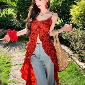 Red V-Neck Camisole with Three-Dimensional Rose Print and Ruffle Design, Split Trailing Long Skirt, French Vacation Style