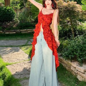 Red V-Neck Camisole with Three-Dimensional Rose Print and Ruffle Design, Split Trailing Long Skirt, French Vacation Style