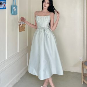 Refined Day Dress for Women in Faux Silk with Fishbone Waist, Spaghetti Straps, and Strapless Design - French Style Elegance