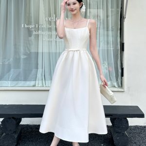 Refined Day Dress for Women in Faux Silk with Fishbone Waist, Spaghetti Straps, and Strapless Design - French Style Elegance