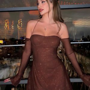 Reflective Double-Layer Mesh Halter Long Sleeve Dress with Off-the-Shoulder Design - Sexy European and American Style for Women