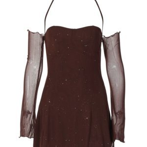 Reflective Double-Layer Mesh Halter Long Sleeve Dress with Off-the-Shoulder Design - Sexy European and American Style for Women