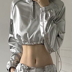 Reflective Silver Bling Bling Short Sweatshirt for Women - Cool Spicy Girl Jazz Dance Petite Jacket