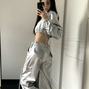 Reflective Silver Bling Bling Short Sweatshirt for Women - Cool Spicy Girl Jazz Dance Petite Jacket