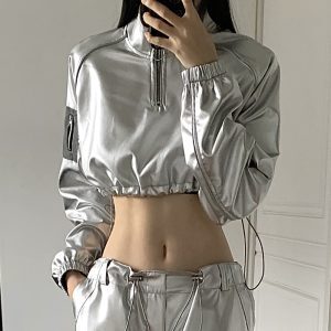 Reflective Silver Bling Bling Short Sweatshirt for Women - Cool Spicy Girl Jazz Dance Petite Jacket