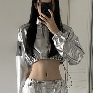Reflective Silver Bling Bling Short Sweatshirt for Women - Cool Spicy Girl Jazz Dance Petite Jacket