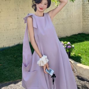 Relaxed Fit Dopamine Purple Sleeveless Maxi Dress for Women, Stunning Summer 2025 Vacation Style