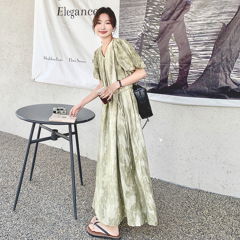 Relaxed Green Tie-Dye V-Neck Dress for Women, Unique Ankle-Length Summer Gown 2025, Boho Style