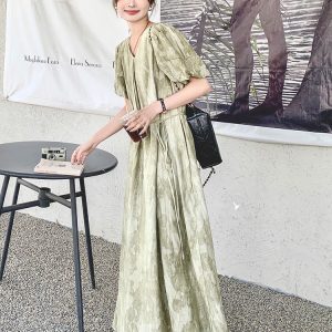 Relaxed Green Tie-Dye V-Neck Dress for Women, Unique Ankle-Length Summer Gown 2025, Boho Style