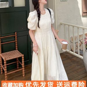 Relaxed White Puff Sleeve Dress for Women - Unique Long Summer Dress 2025, Casual Chic Style, Perfect for 90s & Y2K Fashion Lovers