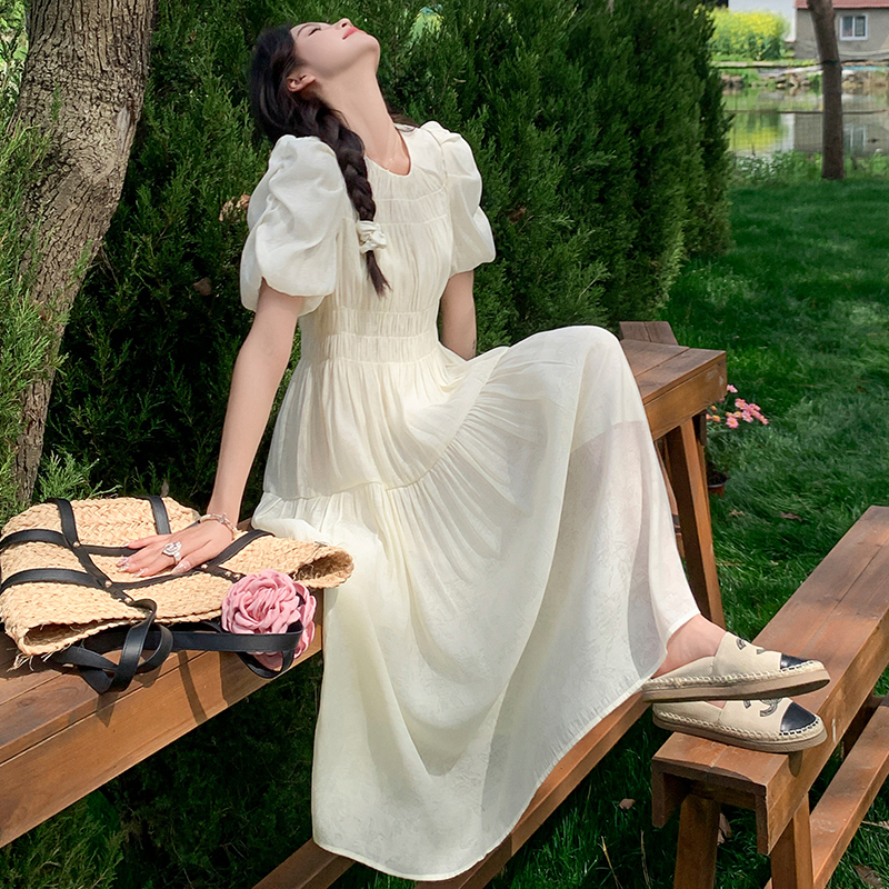 Relaxed White Puff Sleeve Dress for Women - Unique Long Summer Dress 2025, Casual Chic Style, Perfect for 90s & Y2K Fashion Lovers