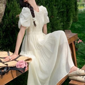 Relaxed White Puff Sleeve Dress for Women - Unique Long Summer Dress 2025, Casual Chic Style, Perfect for 90s & Y2K Fashion Lovers