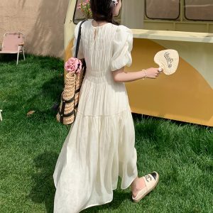 Relaxed White Puff Sleeve Dress for Women - Unique Long Summer Dress 2025, Casual Chic Style, Perfect for 90s & Y2K Fashion Lovers