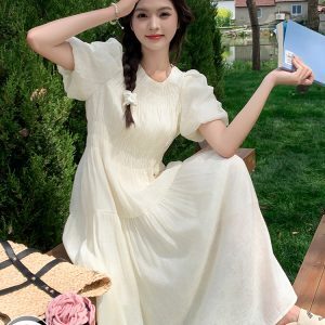 Relaxed White Puff Sleeve Dress for Women - Unique Long Summer Dress 2025, Casual Chic Style, Perfect for 90s & Y2K Fashion Lovers