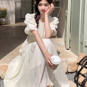 Relaxed White Puff Sleeve Dress for Women - Unique Long Summer Dress 2025, Casual Chic Style, Perfect for 90s & Y2K Fashion Lovers