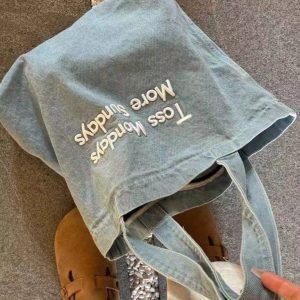 Retro American Denim Tote Bag - Large Capacity Embroidered Shoulder Bag for Students, Commuting, and Everyday Use