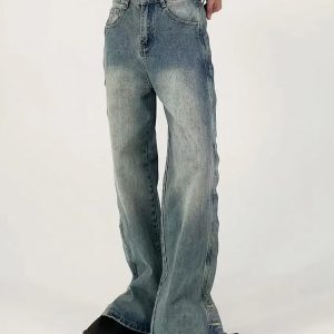 Retro American Split Straight-Leg Jeans - Floor-Length Unisex Wide-Leg Pants with Washed Design, Niche Fashion Style