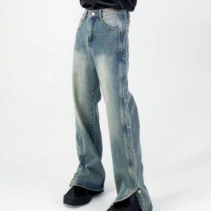 Retro American Split Straight-Leg Jeans - Floor-Length Unisex Wide-Leg Pants with Washed Design, Niche Fashion Style