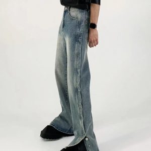 Retro American Split Straight-Leg Jeans - Floor-Length Unisex Wide-Leg Pants with Washed Design, Niche Fashion Style