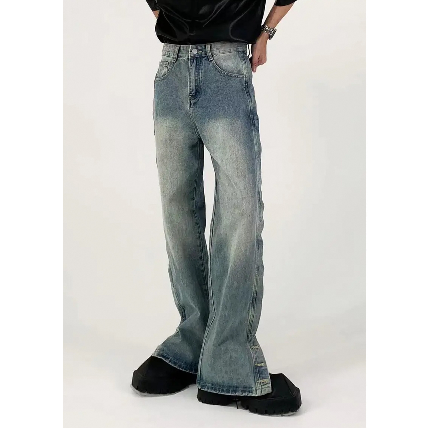 Retro American Split Straight-Leg Jeans - Floor-Length Unisex Wide-Leg Pants with Washed Design, Niche Fashion Style